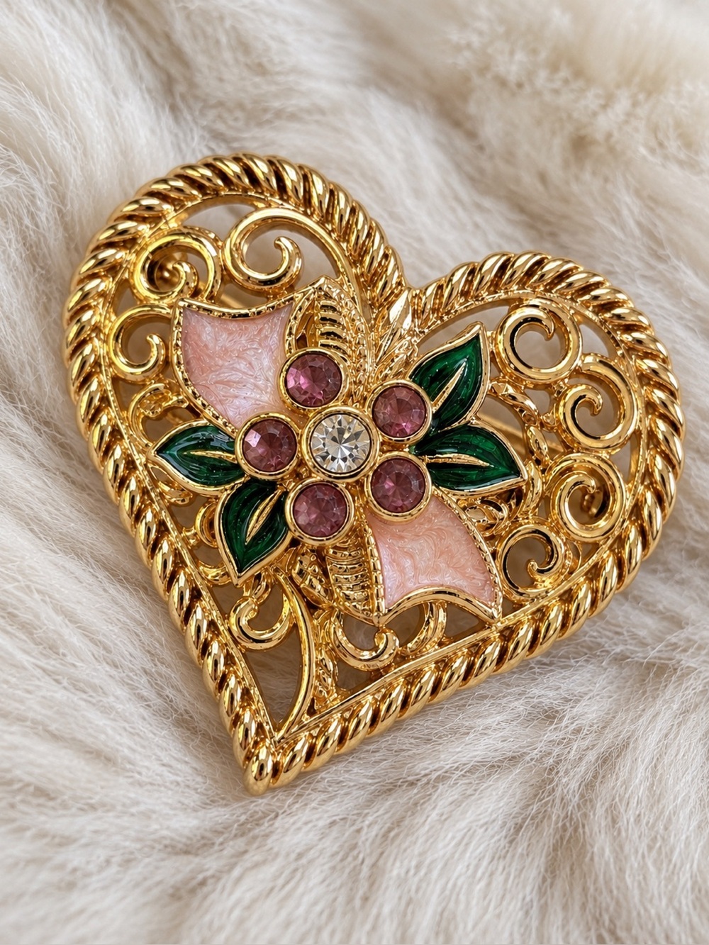 Vintage Gold Tone Heart Brooch “I Love You” Floral Enamel Rhinestone Pin Gift